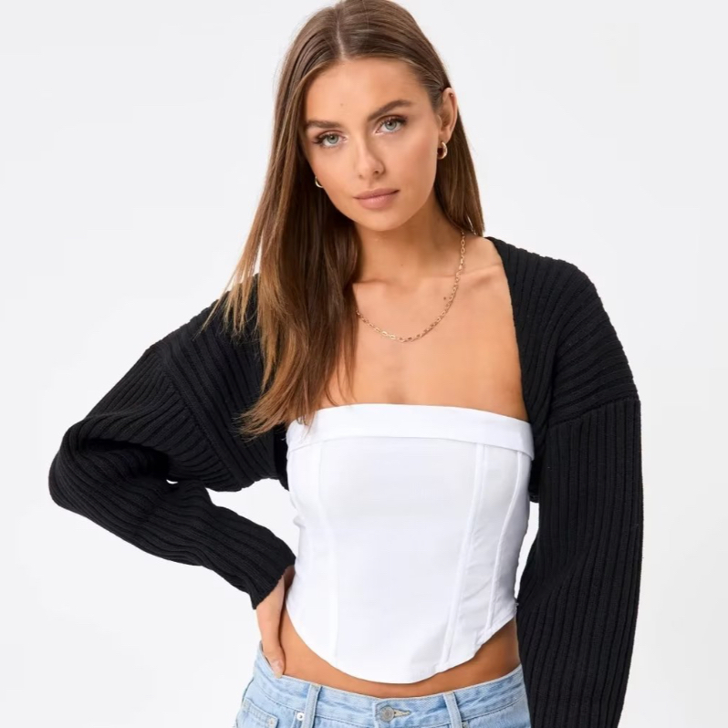 Rib Mini Cardigan / Outer Cardigan Wanita Kardigan Garis Garis Knit Rajut Kasual Lengan Panjang
