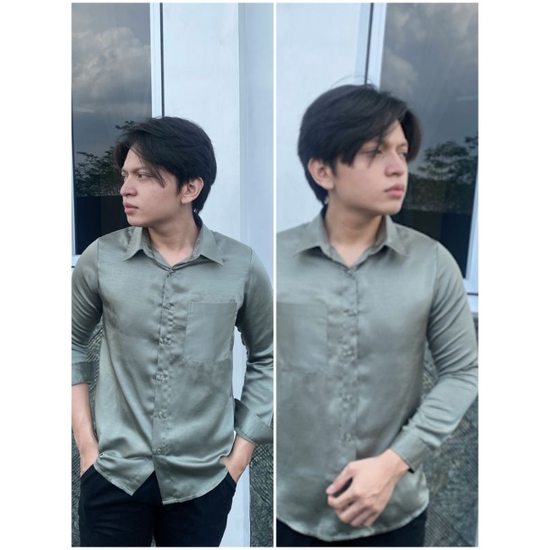 Kemeja Satin Kondangan Wisuda Muslim Lebaran Pesta Sage Pria