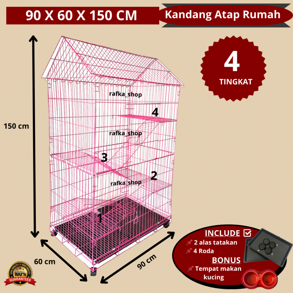 KANDANG KUCING JUMBO 4 TINGKAT + RODA EXTRA JUMBO +  BONUS TEMPAT MAKAN KUCING