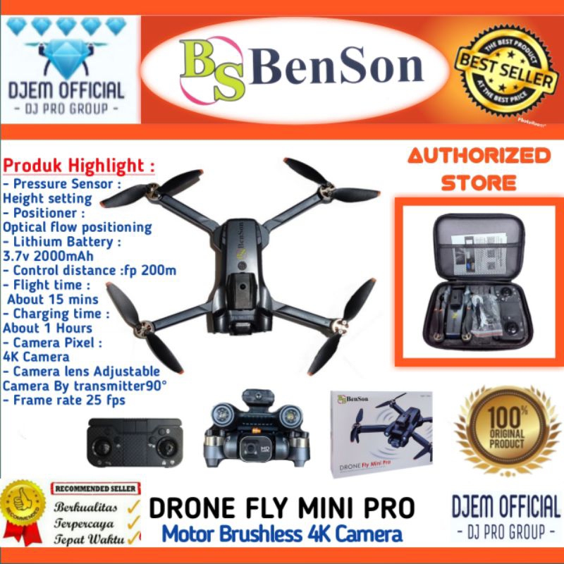 BenSon Drone Fly Mini Pro Drone 4K Camera BONUS 2 BATTERY Motor Brushless Lens Adjustable BS Battery