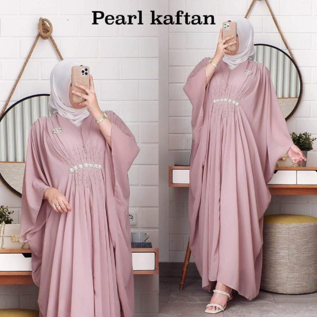 PEARL KAFTAN JUMBO BAHAN CERUTY BABYDOLL FULL PURING APLIKASI MUTIARA + RENDA Baju Gamis Wanita Terb