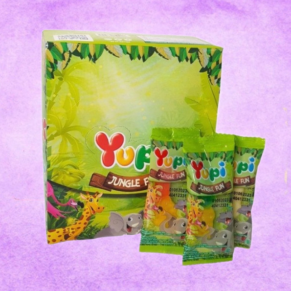 

YUPI Permen Jelly Gummy Candy - JUNGLE FUN - 1 Box isi 24 sachet | Permen Kunyah Manis Snack Jajan Jajanan Jadul Makanan Ringan