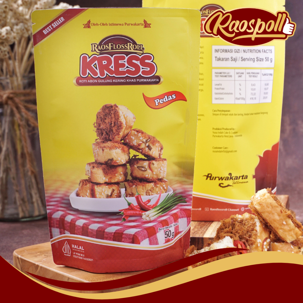 

Raos Flossroll Kress Roti Abon Gulung Kering varian rasa Pedas pouch 50 gr