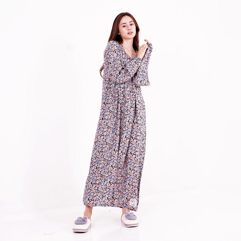 Krisan - Daster Gamis Lengan Panjang Bahan Rayon Twill Premium Baju Tidur Wanita Longdress Panjang D