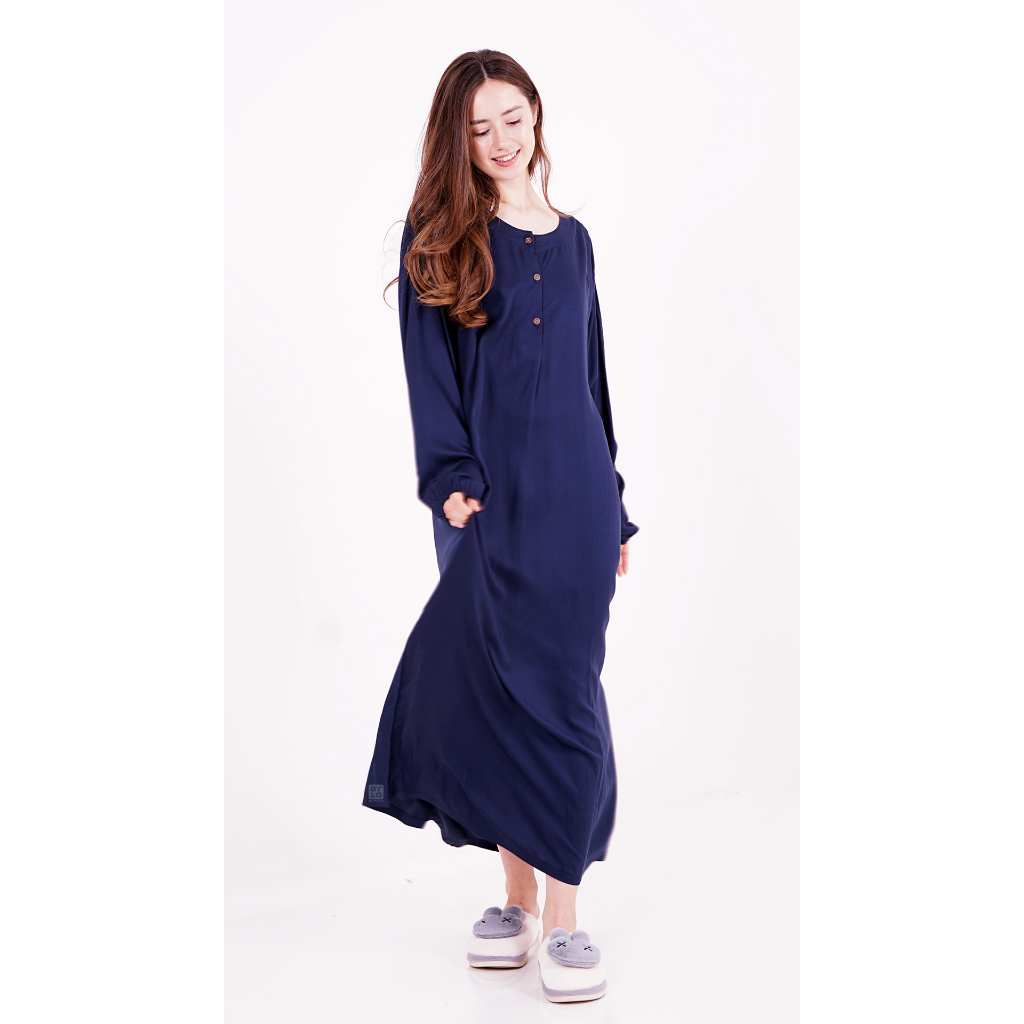 Navy - Daster Gamis Lengan Panjang Bahan Rayon Uniqlo Premium Baju Tidur Wanita Longdress Panjang Da
