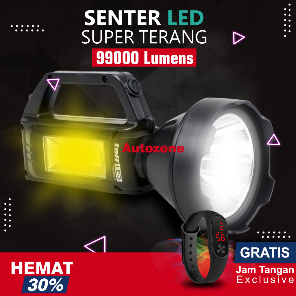 TaffLED Senter LED Super Terang Jarak Jauh 2km Cas Portable Rechargeable COB 1200mAh 300W