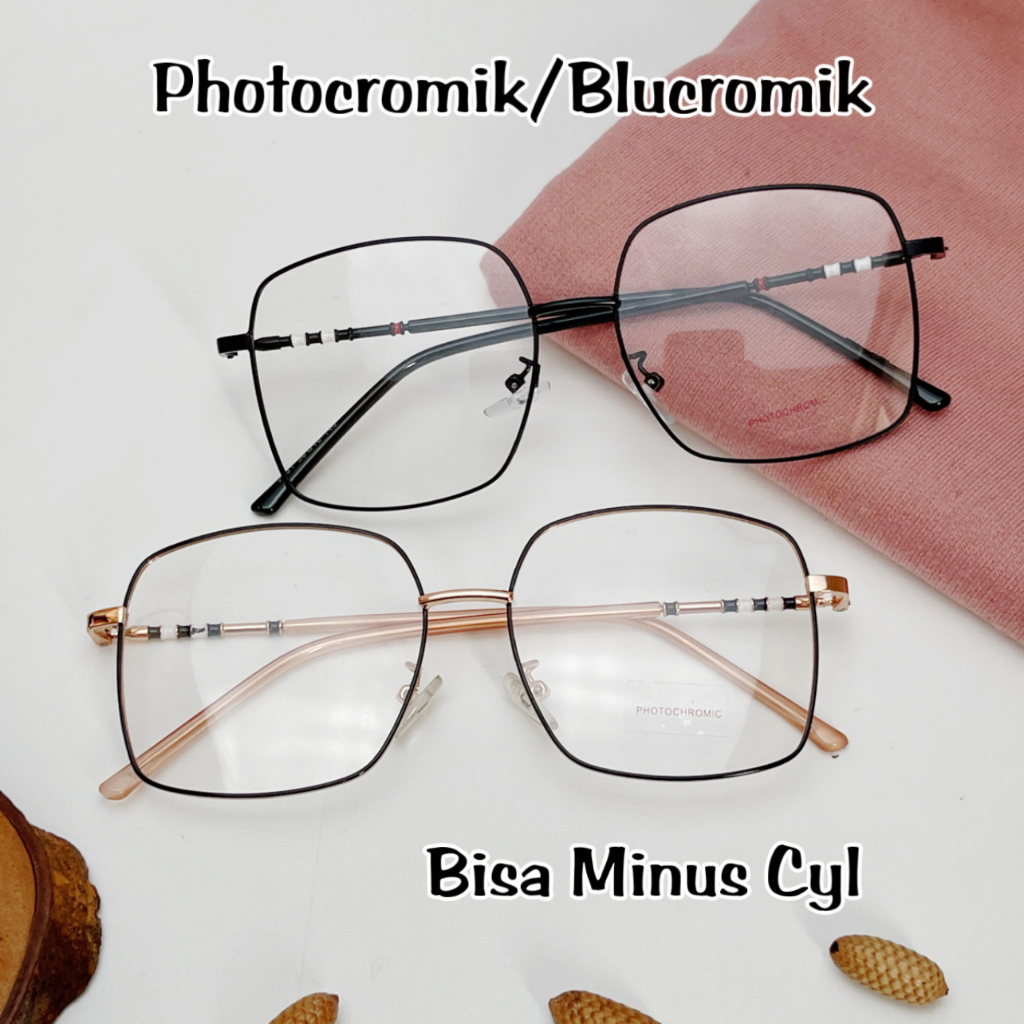 Kacamata Wanita Pria Lensa Minus Photocromik Blucromik Blueray Frame Kotak Besi 9691