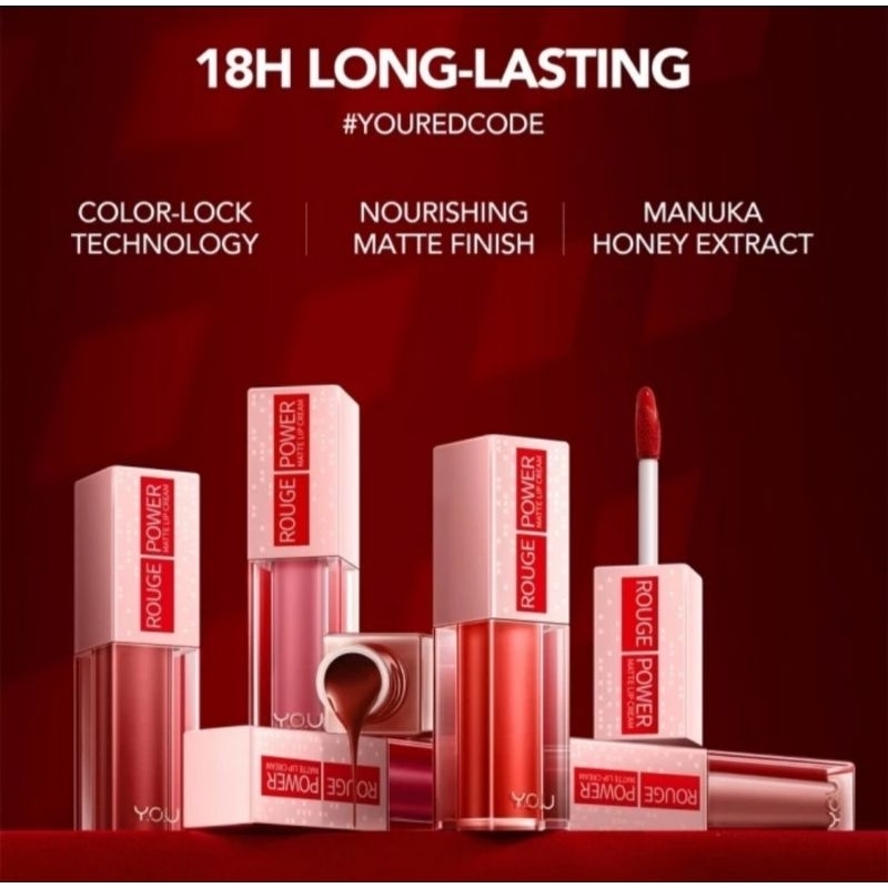 YOU Rouge Power Matte Lip Cream Lipstik l Matte Finish l Tahan Lama