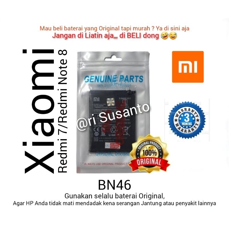 Baterai Xiaomi REDMI 7 /REDMI NOTE 8 BN46 Asli (Original 100%) batere batre batrai battery