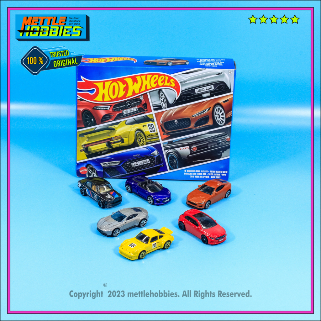 Hot Wheels Europe 6 Pack Mercedes Benz A-Class, AUDI R8 Spyder, Jaguar F Type, Aston Martin DB10, BM