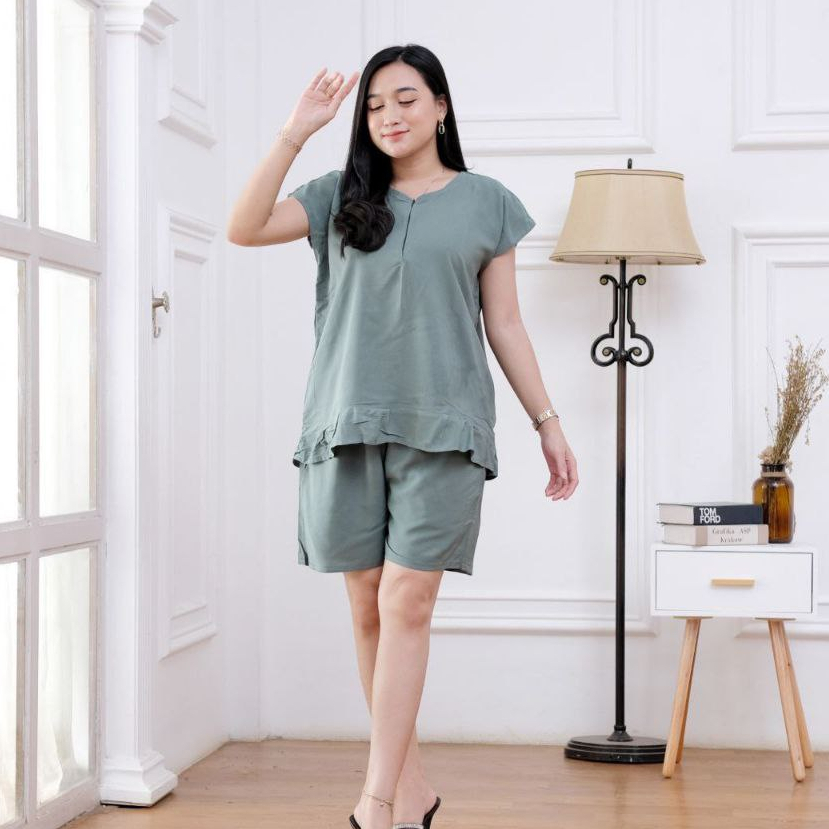 ONE SET CROP WANITA SETELAN CELANA PENDEK POLOS RAYON PIYAMA BAJU SANTAI TIDUR HOTPANTS