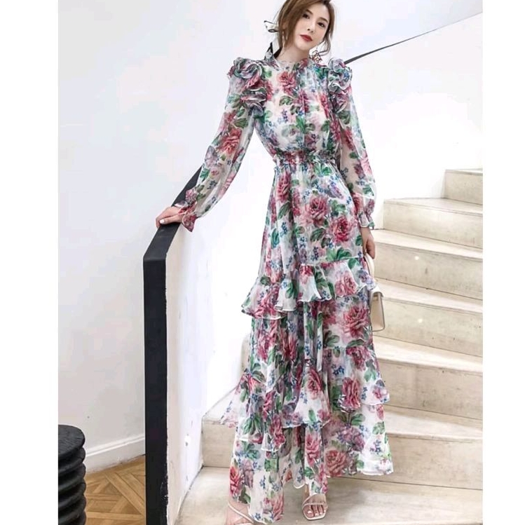 98800 Baju maxidress longdress RUFFLE TIERED REMPEL bunga floral Maxi dress lengan panjang dres Kore