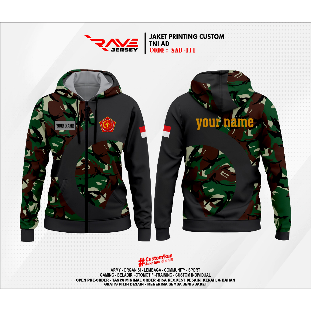 JAKET TNI AD SESI 3 PRINTING SUBLIM CUSTOM (DESAIN SUKA SUKA)