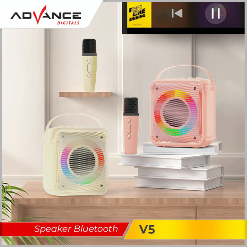 100%Advance V5 Bluetooth Speaker Mini 2 Inch Aktif Portable Karaoke Extra Bass Gratis 1 Microphone Garansi 1 Tahun