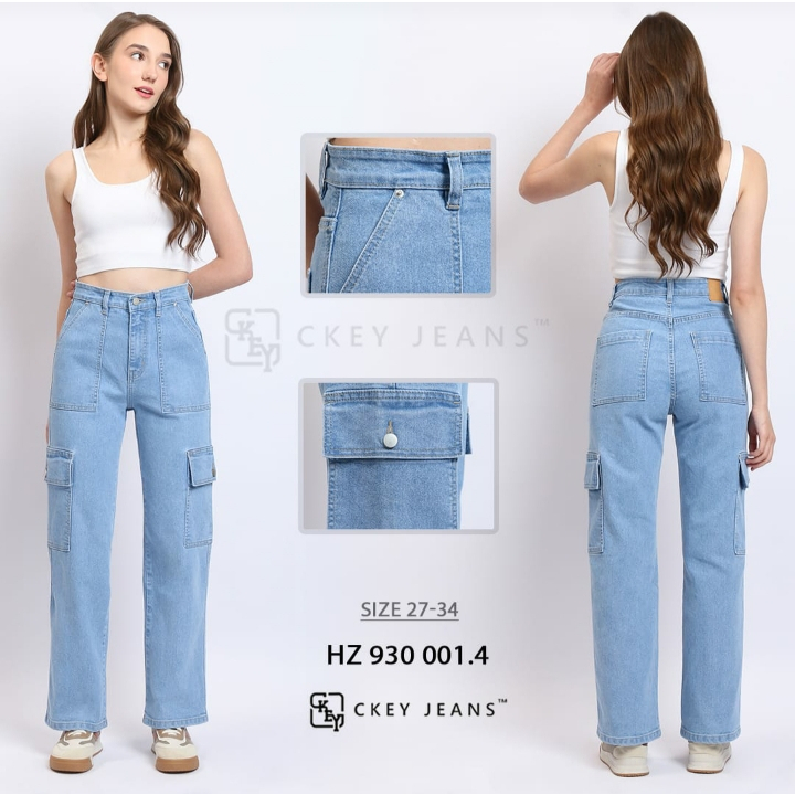 Ckey Celana Jeans Cargo High waist