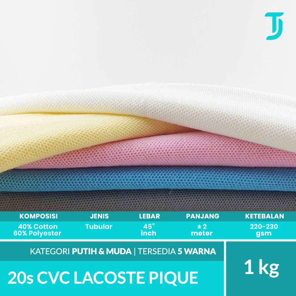 20s CVC Lacoste Pique | Kain Bahan Polo Shirt | 1 kg | Kategori Warna Putih & Muda | Bahan Kaos Tumb
