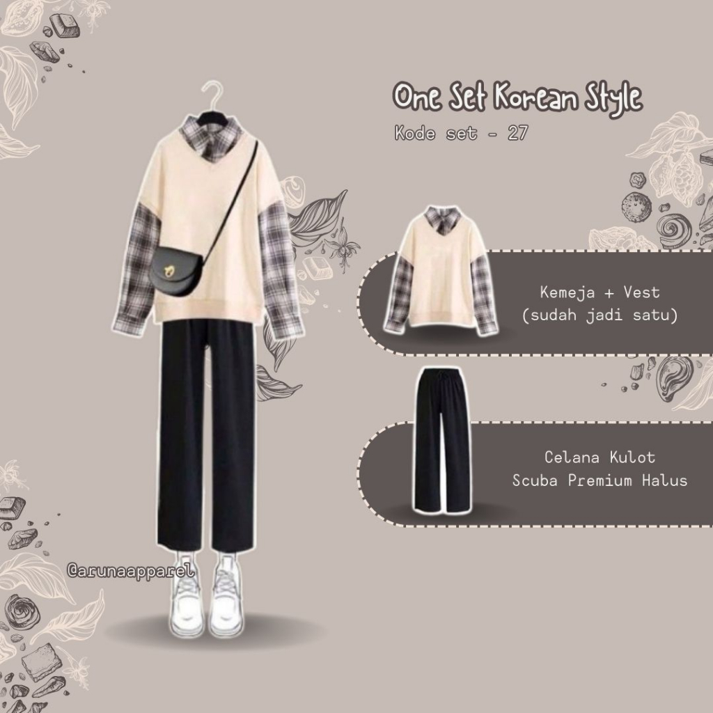 Set 3in1 Outfit Korea wanita, Outfit ulzzang, Ootd Korea wanita, Korean style (kemeja putih vest kor
