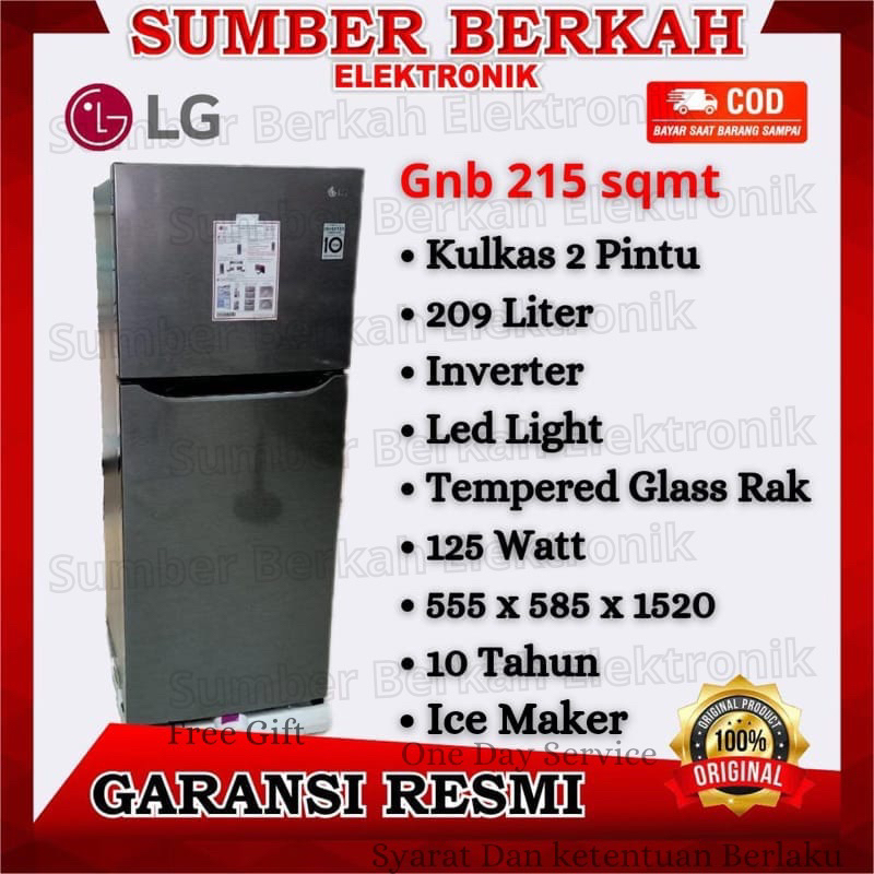 Kulkas LG GN B 215 SQMT 70 watt garansi resmi 2 PINTU GNB 215SQMT 225 liter / 209Liter INVERTER lema