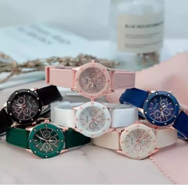 (Best) (Grosir Cod)Jam Tangan wanita Fashion Gues Crono3 Varisi Strap Rubber/Karet(Dikirim Jakarta)
