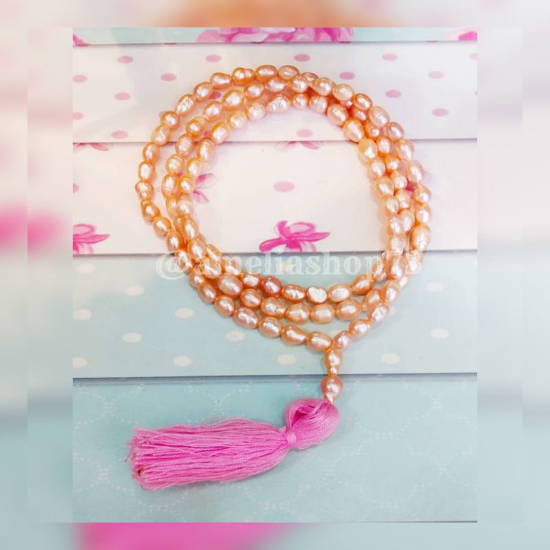 Tasbih Mutiara Air Tawar Oval 99 Putih Peach