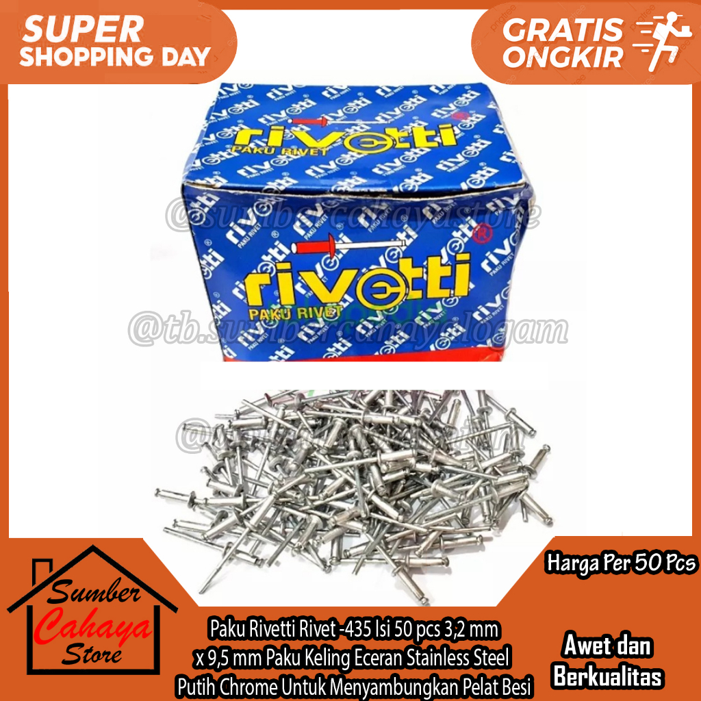 Rivetti Paku Rivet 435 Size 3,2x9,5 Mm Isi 50 Pcs Penyambung Plat Tipis Material Pengikat Penahan Pe