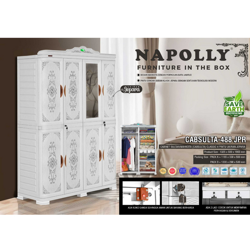 FREE RAKIT LEMARI PAKAIAN PLASTIK DEWASA 4 PINTU KACA FULL KUNCI + LACI NAPOLLY