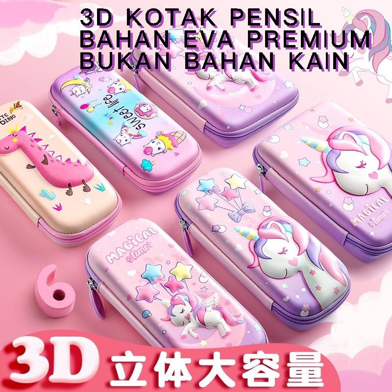 

Tempat Pensil Kotak Pensil Anak Cewek Karakter 3D Timbul Waterproof Bahan Premium Bukan Kain, Unicorn Mermaid Rabbit