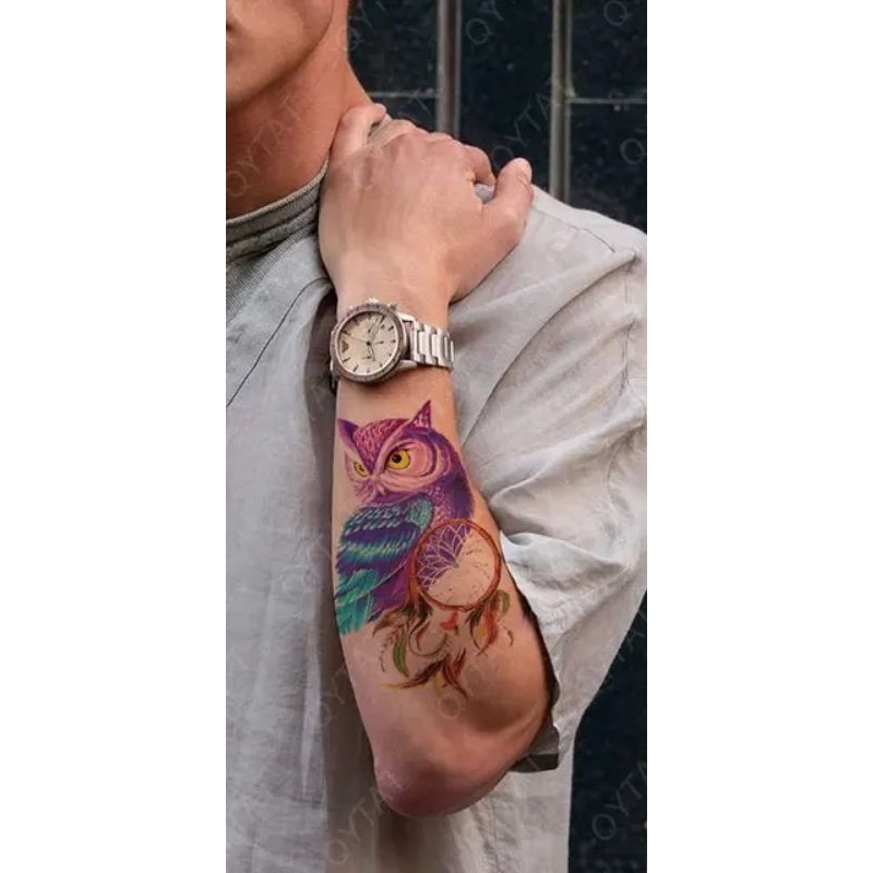 Stiker Tatto/Tato Temporer Waterproof Tahan Lama Motif Burung Hantu Atau Tengkorak Warna