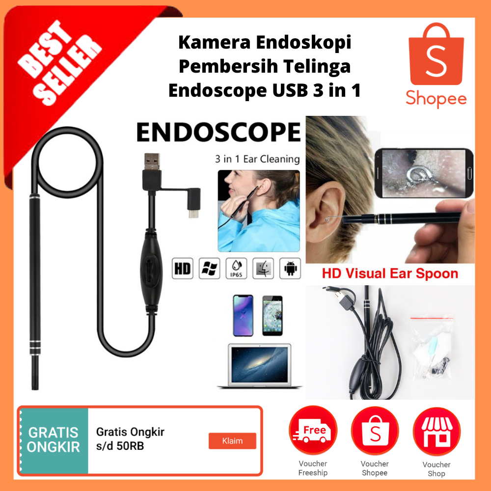 Kamera Endoskopi Pembersih Telinga Endoscope USB 3 in 1 / Alat pembersih kotoran telinga pintar kame