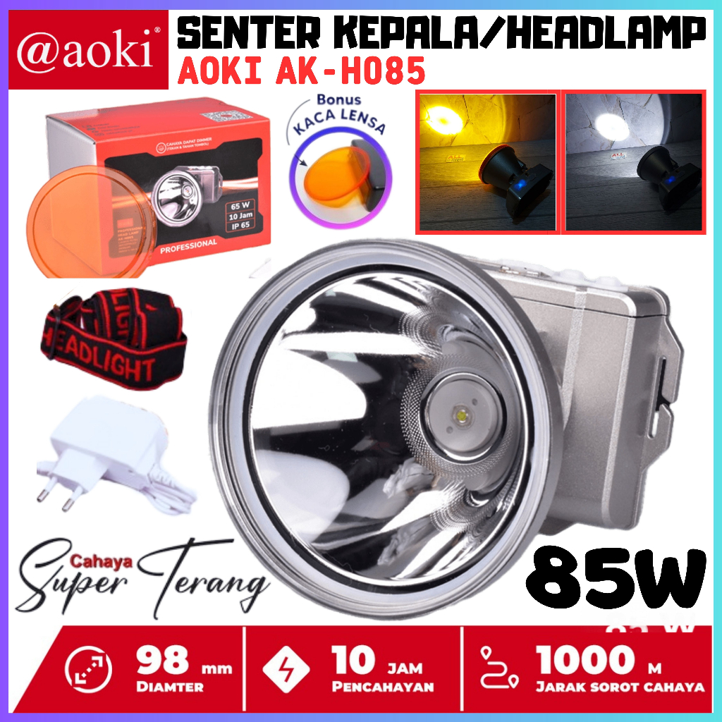 Senter Kepala Led Cahaya Putih Kuning 85W Aoki AK-H085 ~ Senter Kepala Premium 85 Watt Super LED Bat