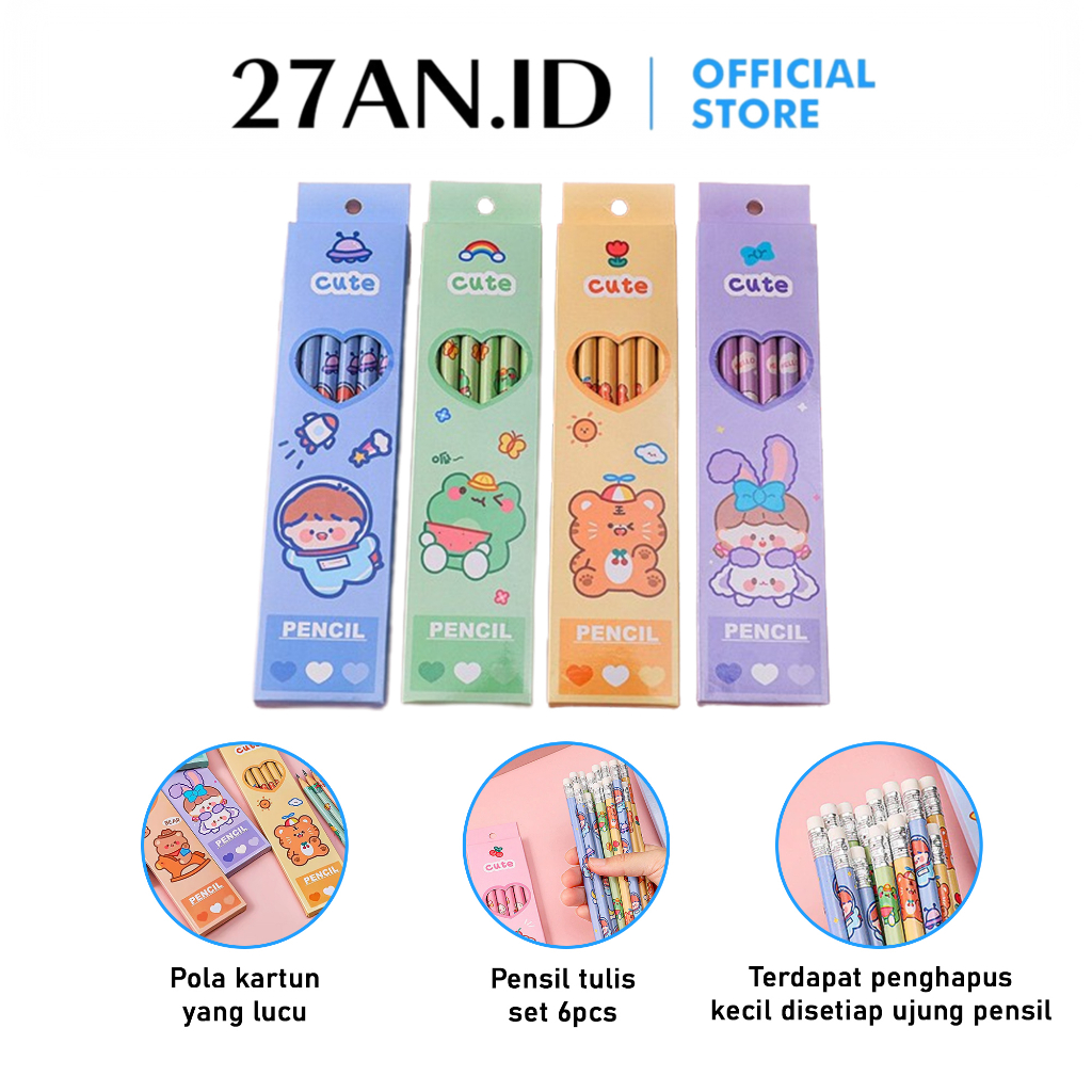 

( 27AN.ID ) Pensil Tulis isi 6Pcs / Set Pensil Tulis H510 Motif + Penghapus / Pensil Set Lucu / Aalat Tulis Pensil
