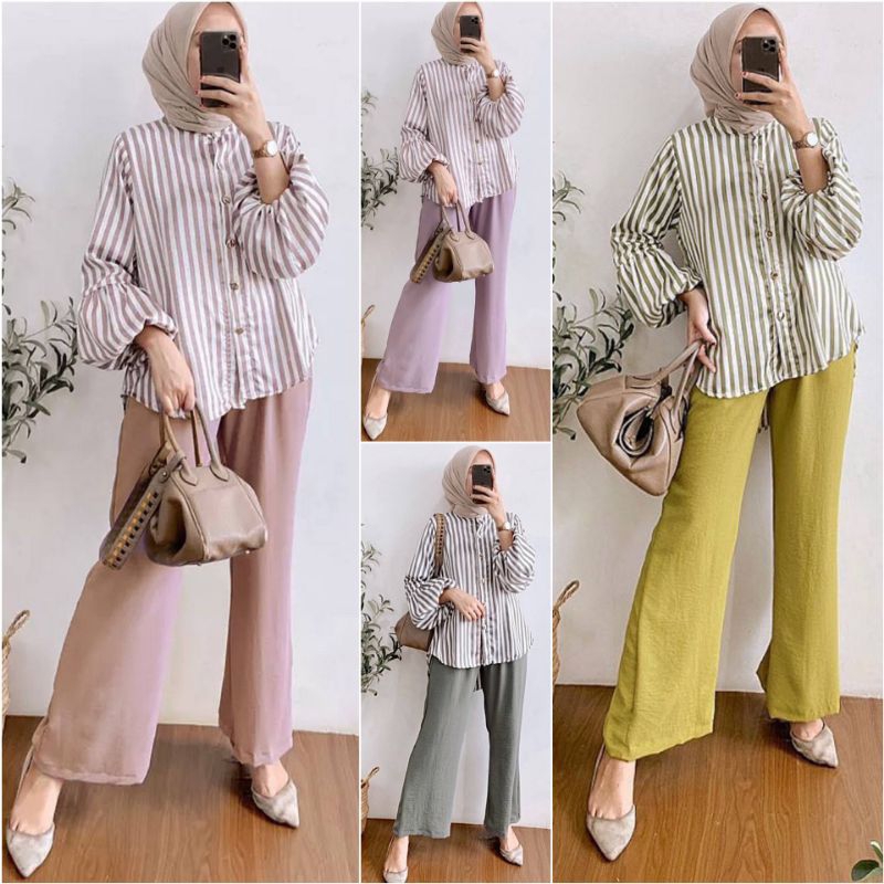 Yumna Set Wanita Setelan Kemeja Wanita Baju Kerja Wanita Motif Salur