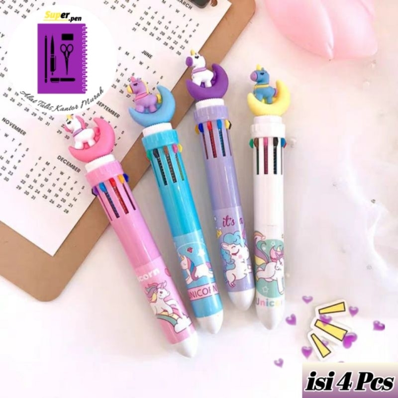 

Pen unicorn 10 warna (4 Biji) pulpen karakter bolpoin Ten color alat tulis kantor lucu kado stationery