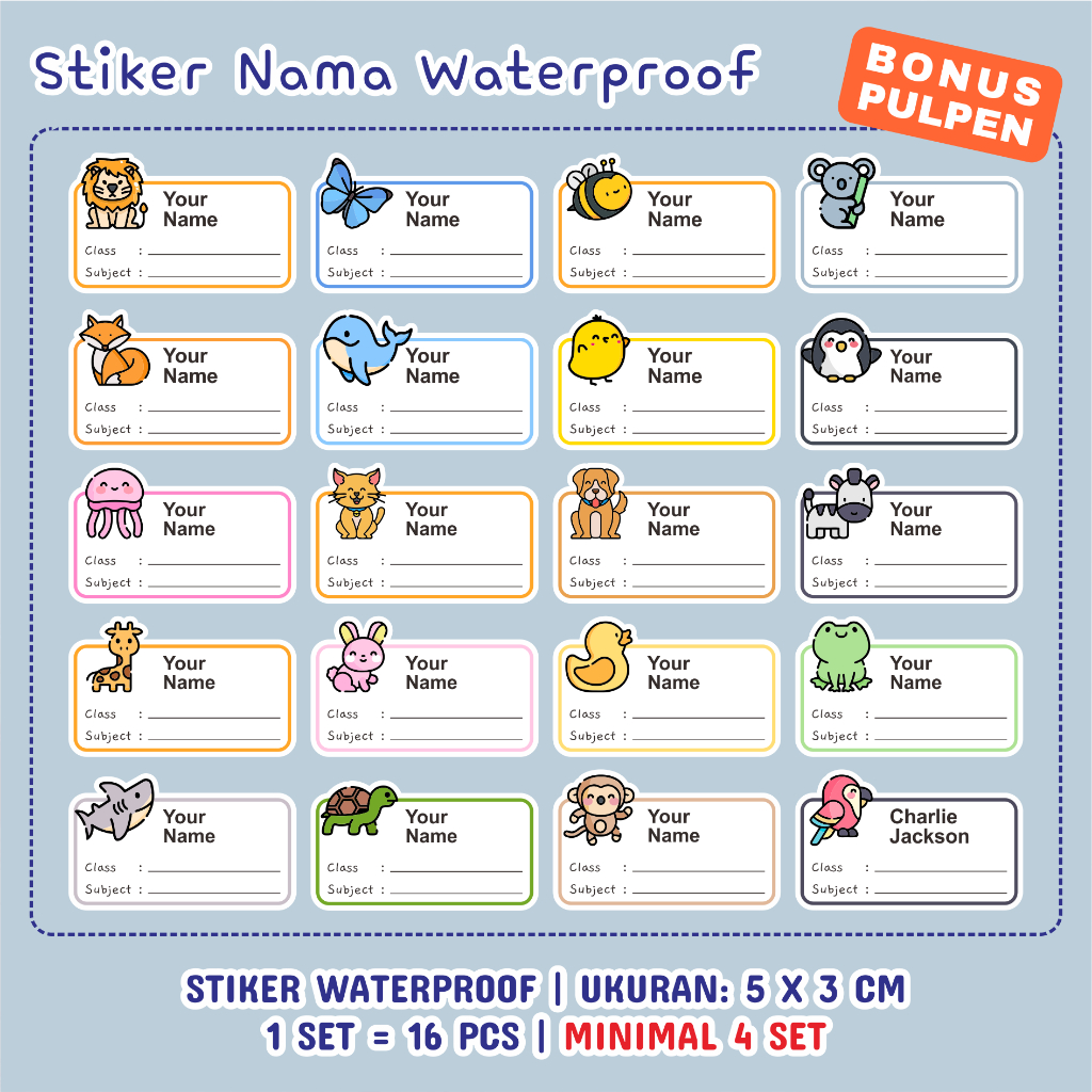 

(1 SET 16 PCS) STIKER NAMA WATERPROOF TEMA ANIMAL | STIKER BUKU | STIKER BOTOL | STIKER ANAK | STIKER TAHAN AIR DAN AWET