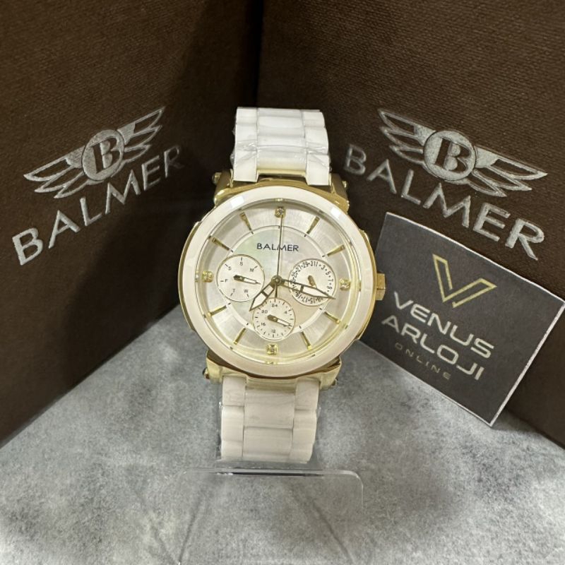 Jam Balmer BM 7929 G MN CRM Wanita Rantai Keramik Putih Gold Bulat
