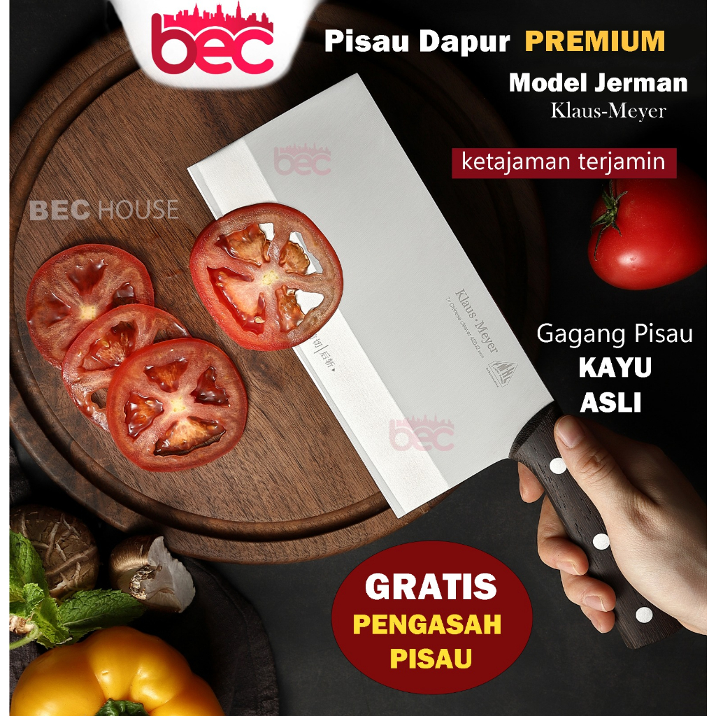 [Free-BatuAsah] Pisau Dapur Jerman Stainless Steel Multifungsi Gagang Kayu Super Tajam Chef Knife High Quality [Klaus-Meyer]