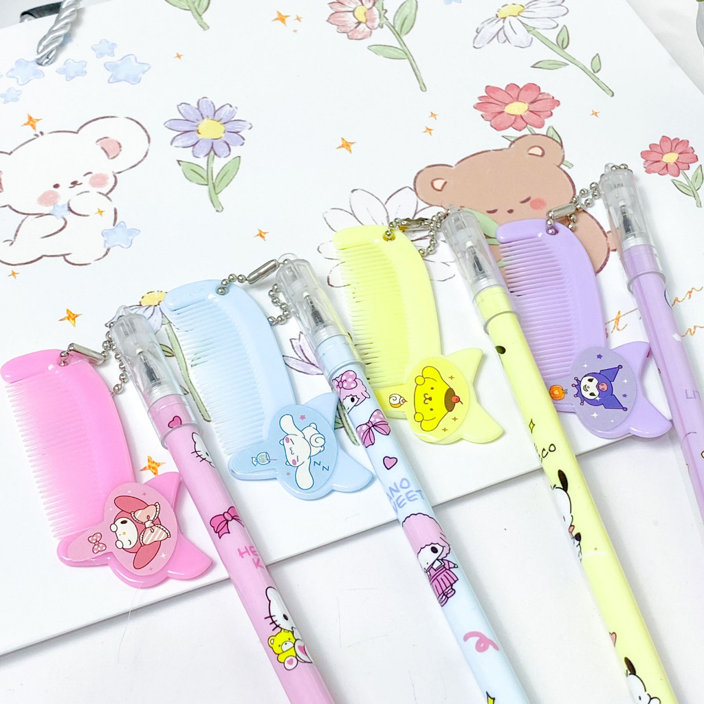 Pen / Pulpen Gel Tinta Hitam Gantungan Sisir Mini Cute Comb Motif Kartun Jepang Kucing Sanrio Hello Kitty My Melody Cinnamoroll Little Twin Star Lucu Souvenir Grosir Ready COD