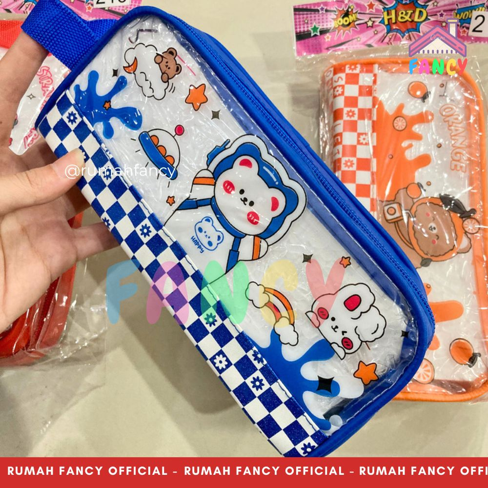 Tempat Pensil Kain Sleting + Kantong Belakang HD 215 Motif Bear Transarant Mika Lucu Unik Murah