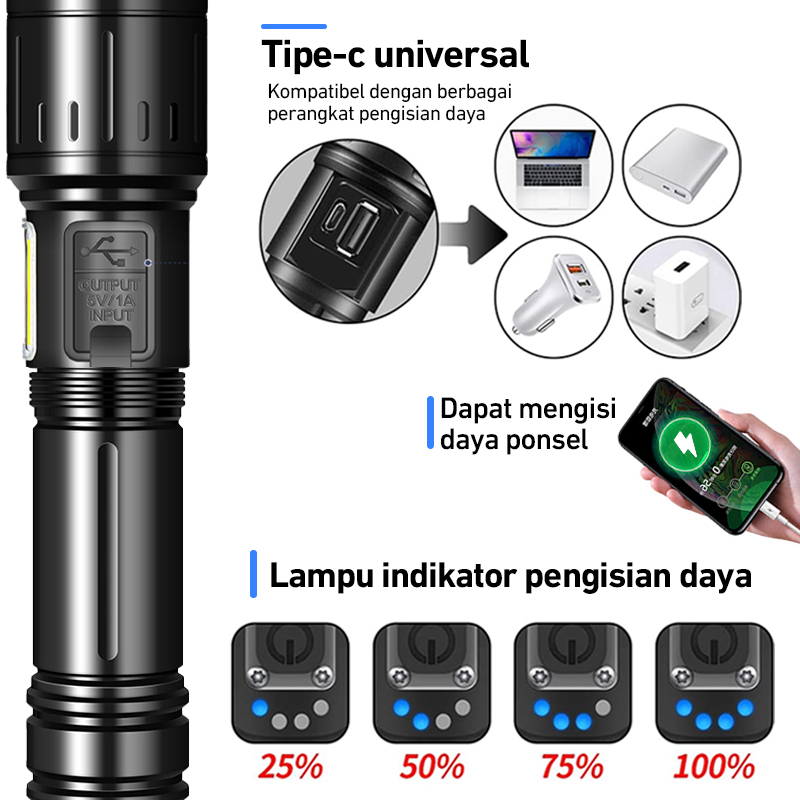 Mukava P70 Senter zoom teleskopik paduan aluminium Senter isi ulang USB yang dapat diisi ulang dengan cahaya kuat jarak jauh senter isi ulang darurat luar ruangan