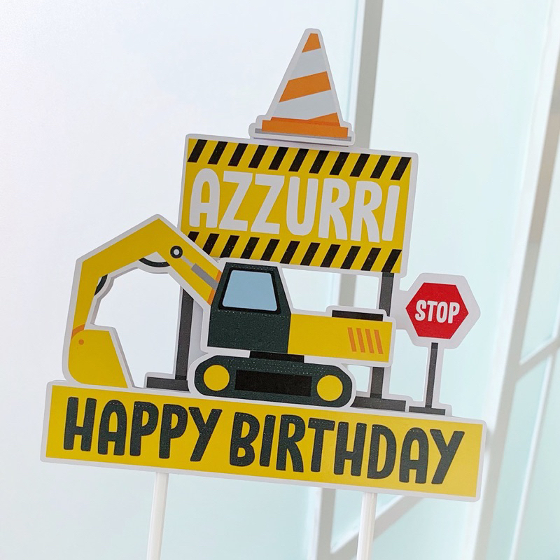 Cake Topper 3D Custom Nama Karakter Construction Konstruksi Excavator Truk Tractor Mobil Dekorasi Hi
