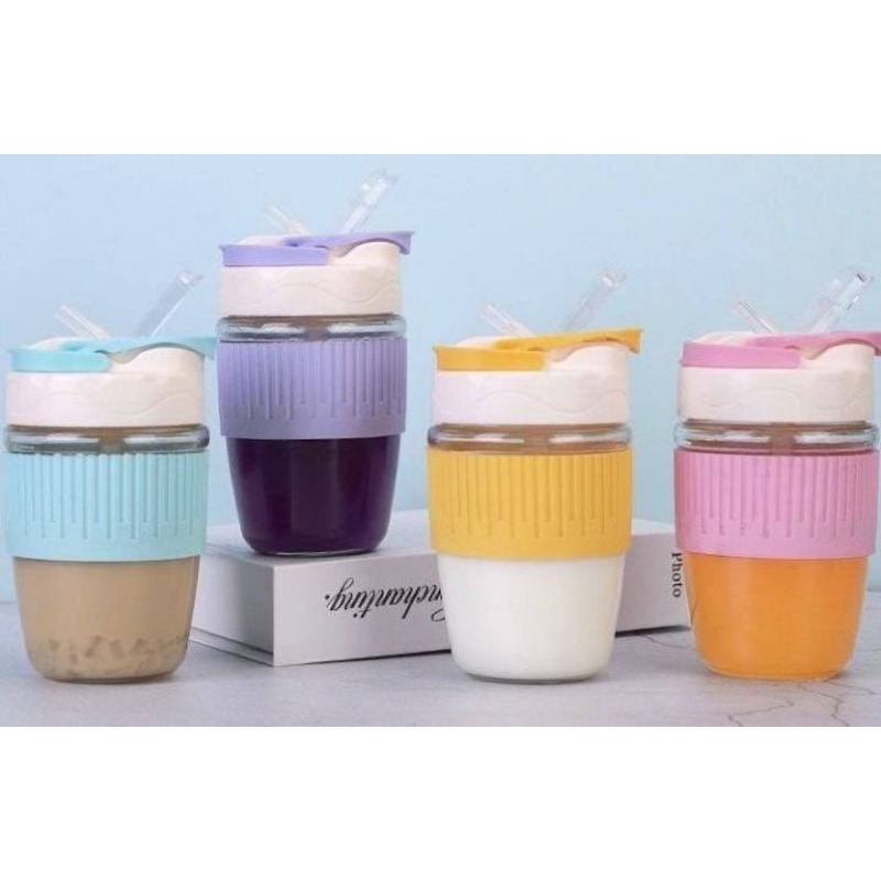 Gelas Tumbler Kaca Bening / Gelas Kaca Gelas Mug Dengan Tutup Anti Tumpah