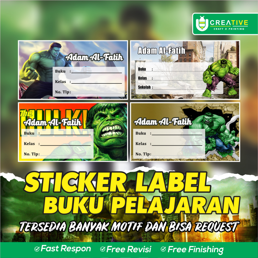 

Sticker / Label Buku Pelajaran Bisa Custom Nama (Isi 20pcs) Tema Hulk