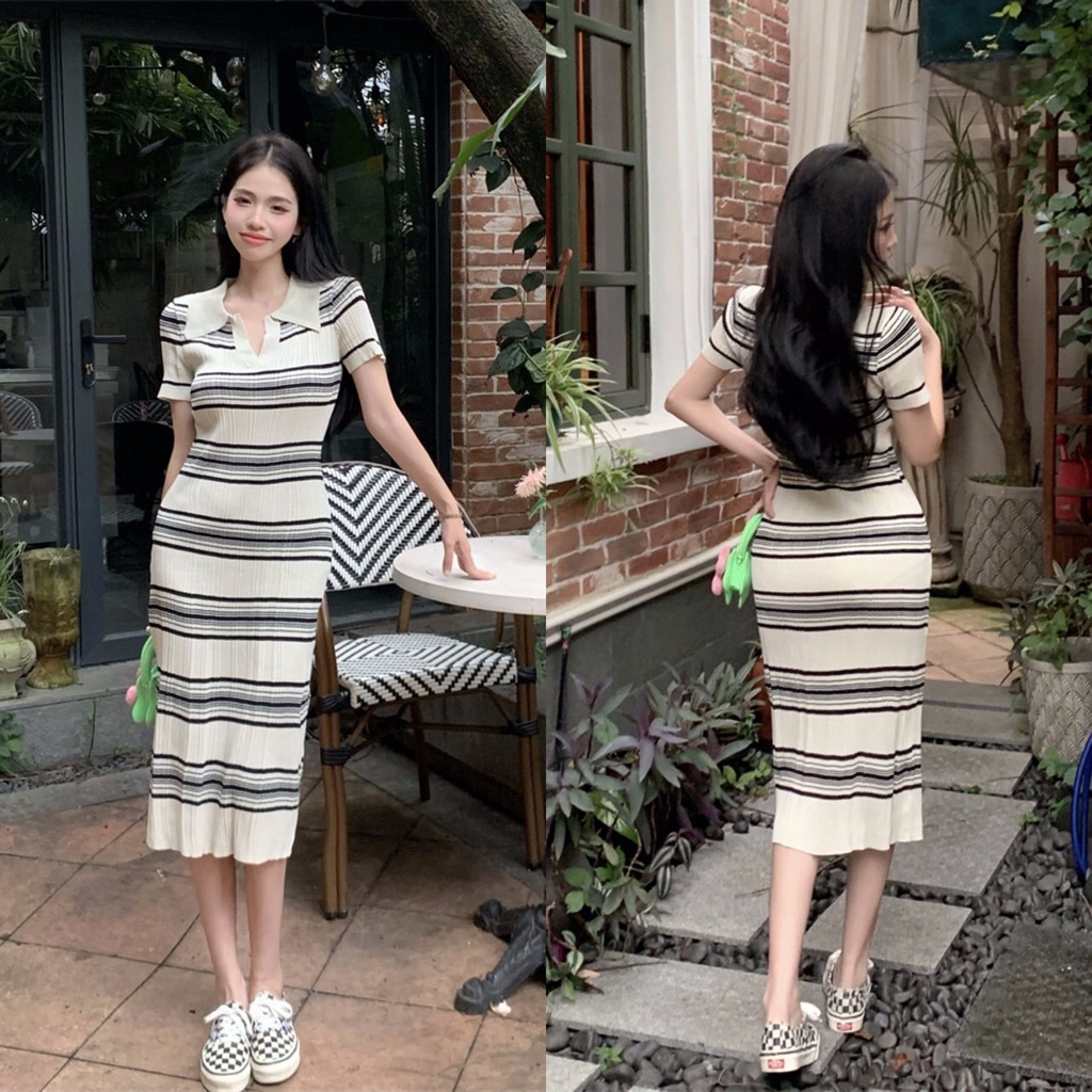 Dress Rajut Wanita Lengan Pendek/Dress Rajut Panjang Wanita/Long Dress Stripe/Dress Rajut Wanita/Dre