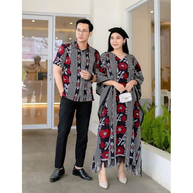 set couple baju tenun mawar - couple baju tenun modern - baju tenun pesta - baju tenun keluarga