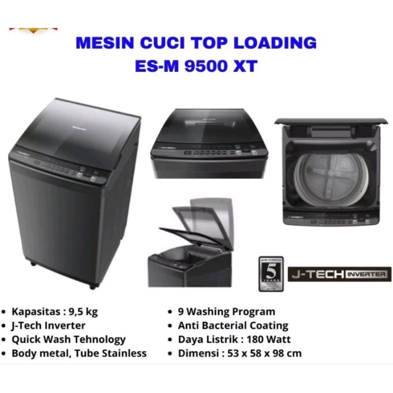 mesin cuci top loading sharp 9.5 kg ES-M9500XT j-tech inverter