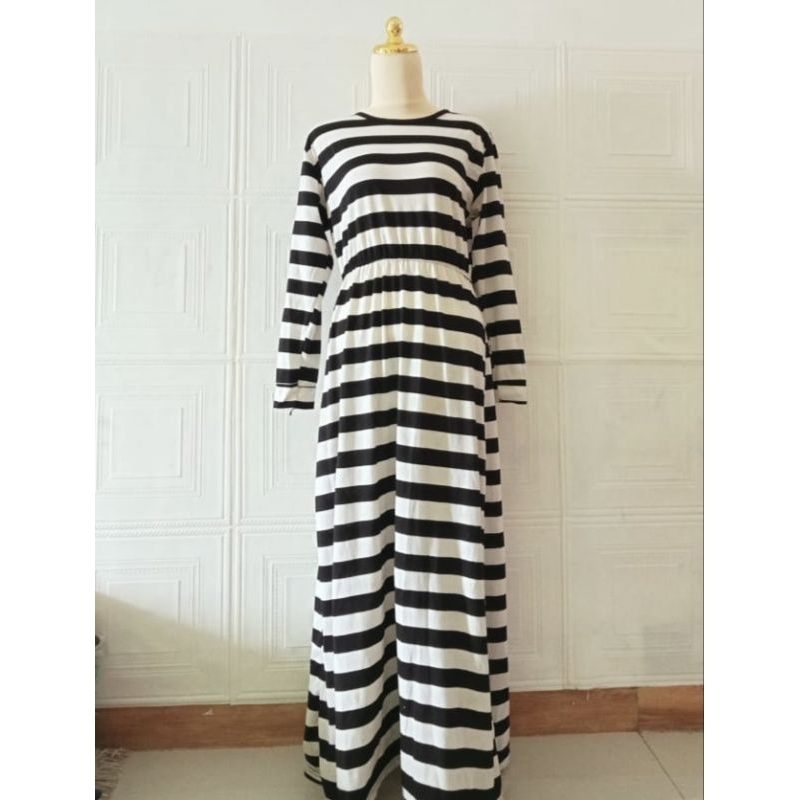 Baju Wanita Gamis Home Dress Salur Hitam Putih Lengan Panjang LD 90-100 #95 - Preloved / PL / Thrift