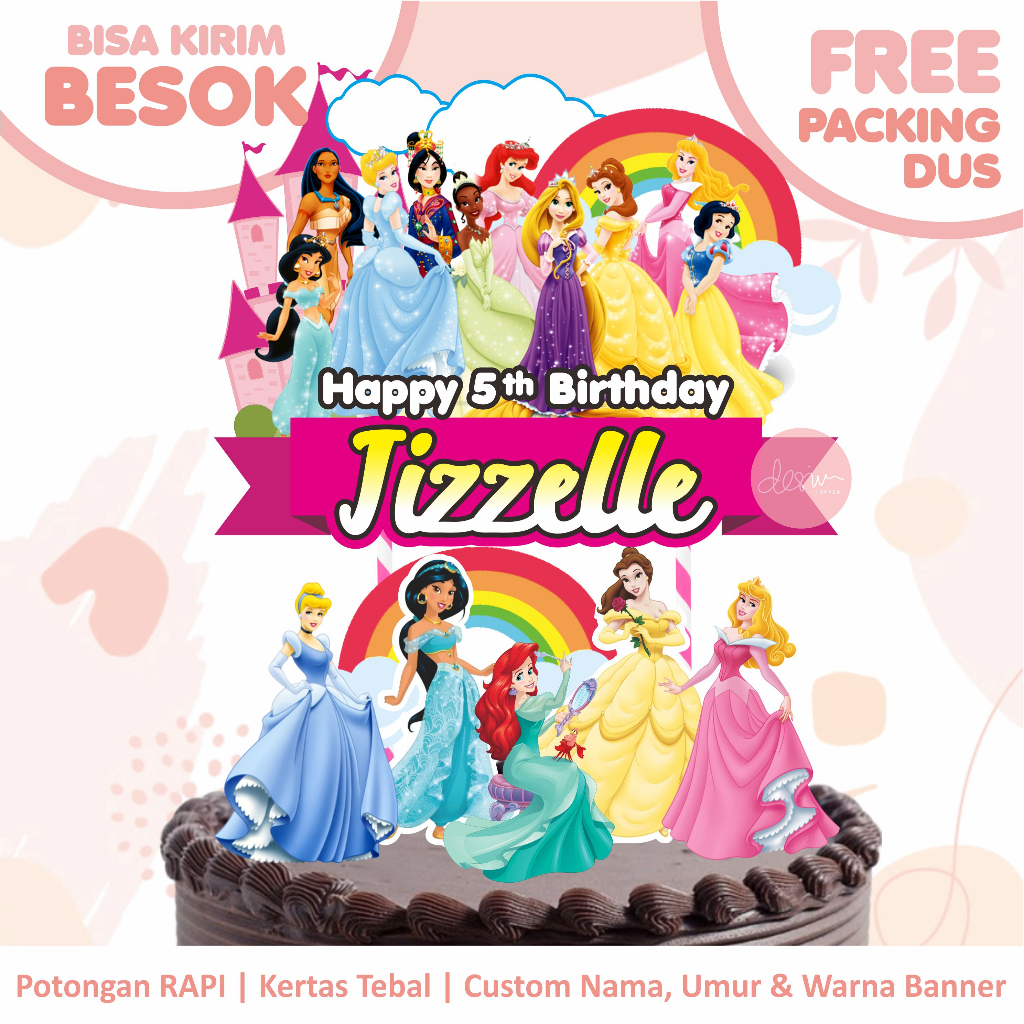 Topper Cake Princess (Custom Nama & Umur) FREE PACKING DUS