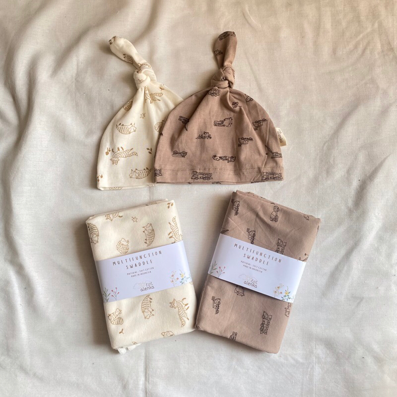 Little Alenka - Swaddle Set Hat Baby Boy Newborn - Bedong Motif Topi Bayi Cowok