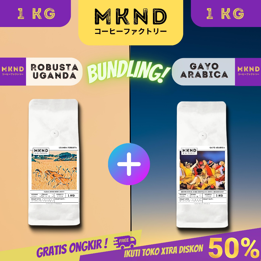 

MKND® BUNDLING HEMAT 2X1KG KOPI ARABIKA ACEH GAYO GRADE 1 + KOPI ROBUSTA UGANDA IMPORTED BEANS PROMO DISCON | BIJI BUBUK | SINGLE ORIGIN | PREMIUM COFFE | ROASTED BEANS | MANUAL BREW | COFFE ROASTERY