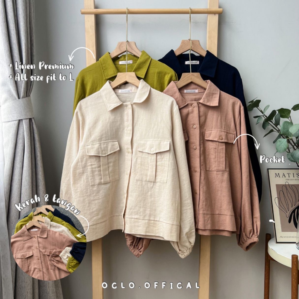 Oclo Dhesica Shirt atasan wanita linen premium double pocket casual basic dailywear